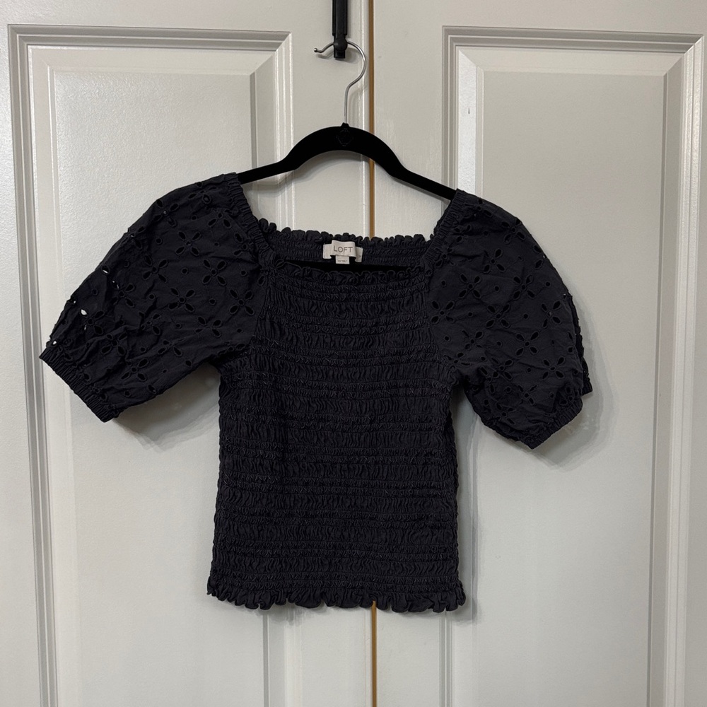 LOFT Navy Eyelet Puff Sleeve Blouse
